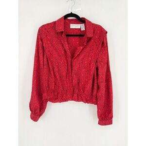 Schrader Sport Vintage Red Paisley Top Button Up Cinched Waist Size 18 80s Retro